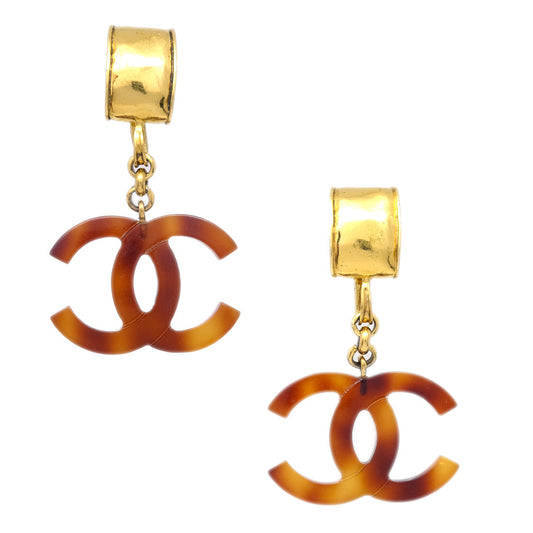 Luxury Chanel CC Dangle Earrings Gold Clip-On Brown 94P