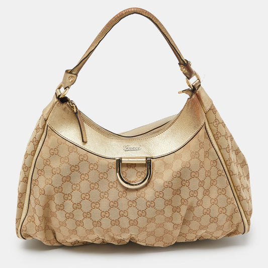 Luxury Gucci Trending 2025 Biege/Gold GG Canvas and Leather Large D Ring Hobo