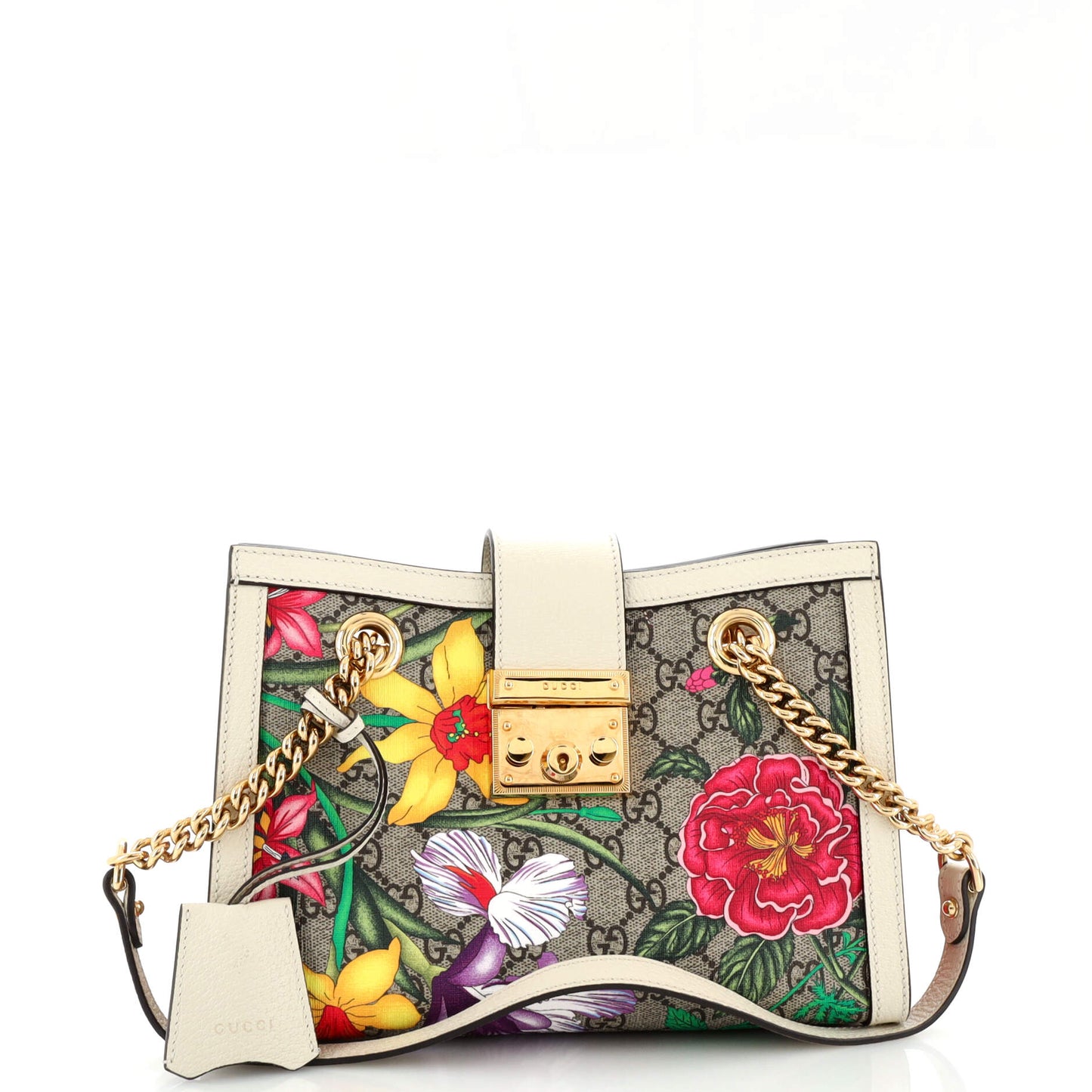 Luxury Gucci Trending 2025 Padlock Chain Tote Flora GG Coated Canvas Small