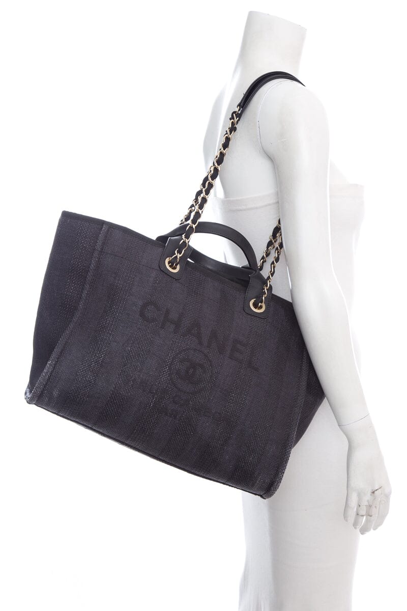 Luxury Chanel Chambray and Black Raffia Large Deauville Shopping Tote