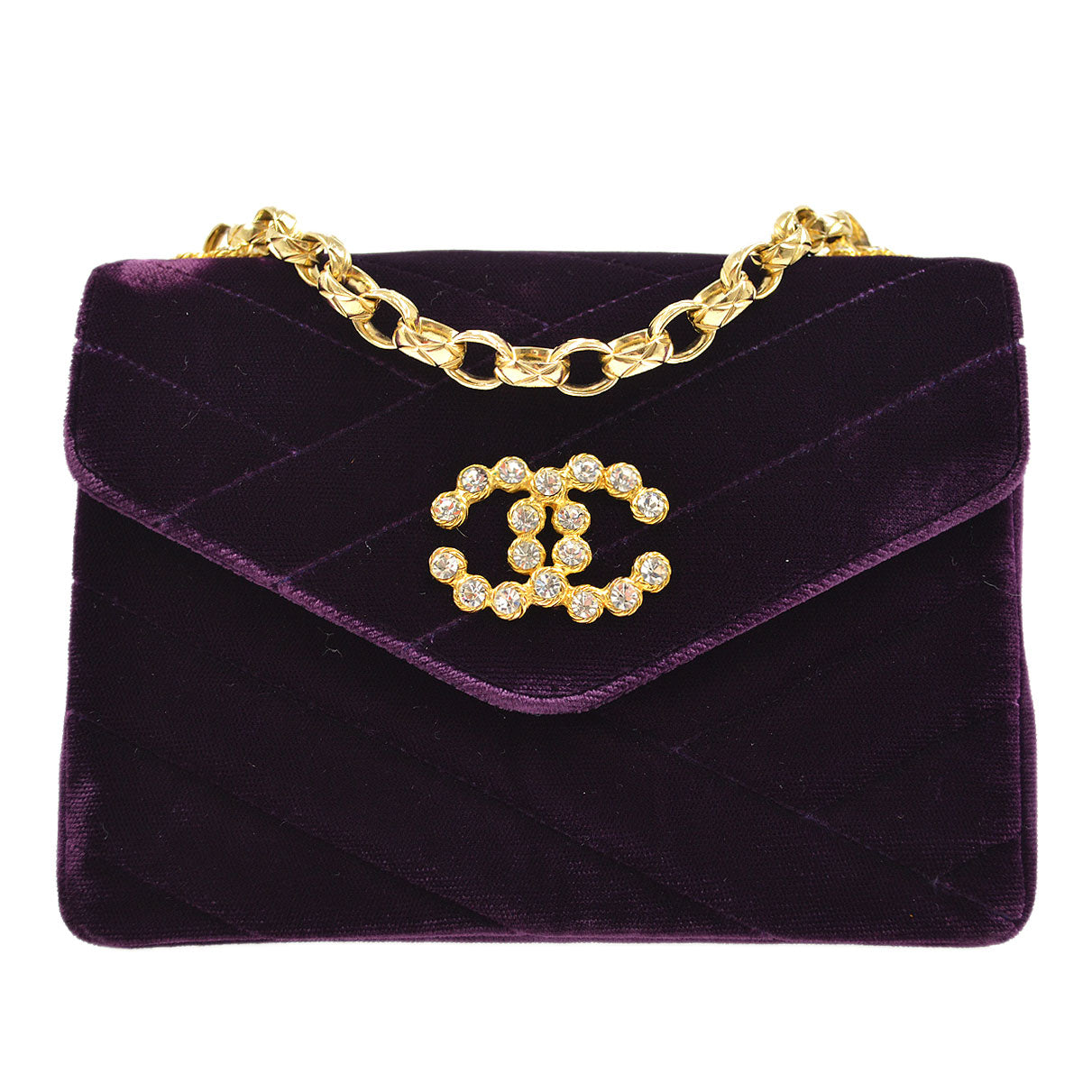 Luxury Chanel * 1991-1994 Purple Velvet Rhinestone CC Diagonal Letter Flap Bag
