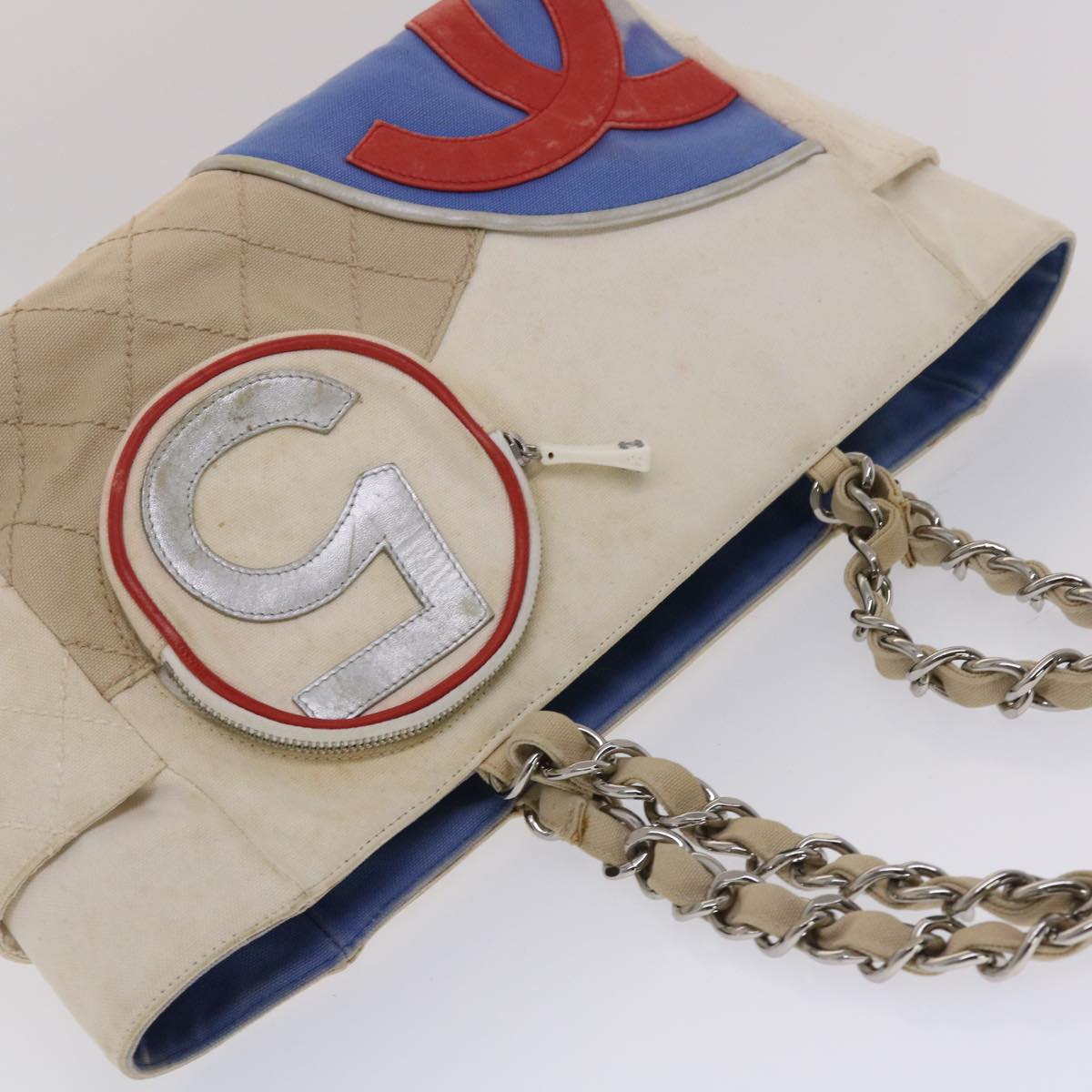 CHANEL Chain Tote Bag No5 Canvas White CC  49901
