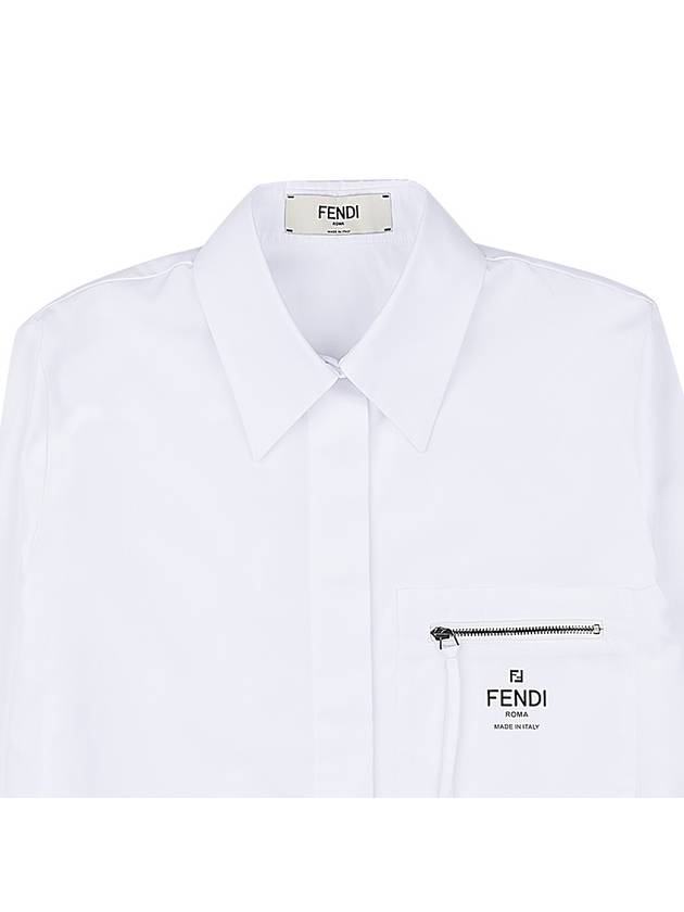 Luxury Fendi Chest Logo Zipper Cotton Long Sleeve Shirt White