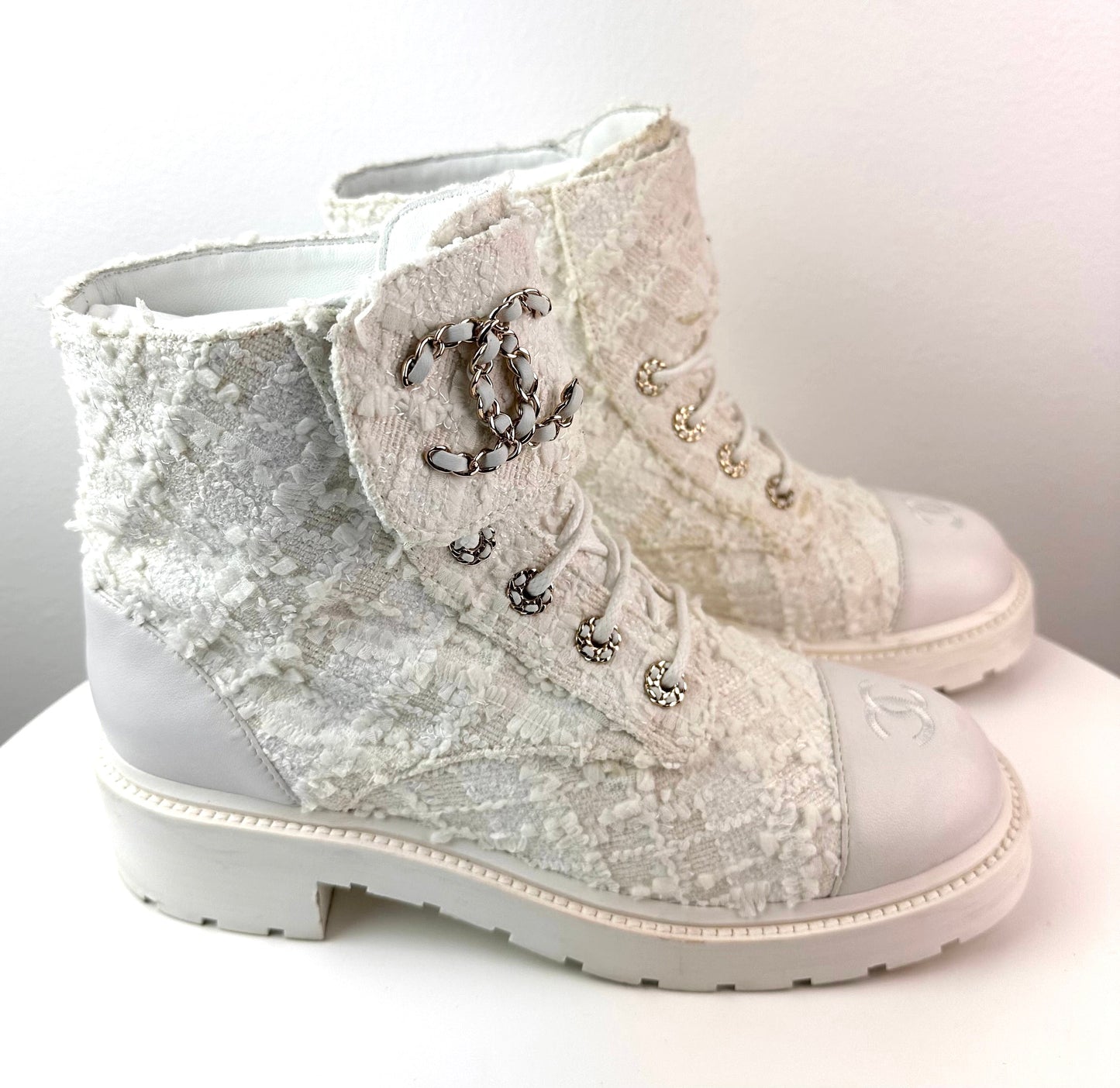 Chanel Women Lace Up Boots White Tweed