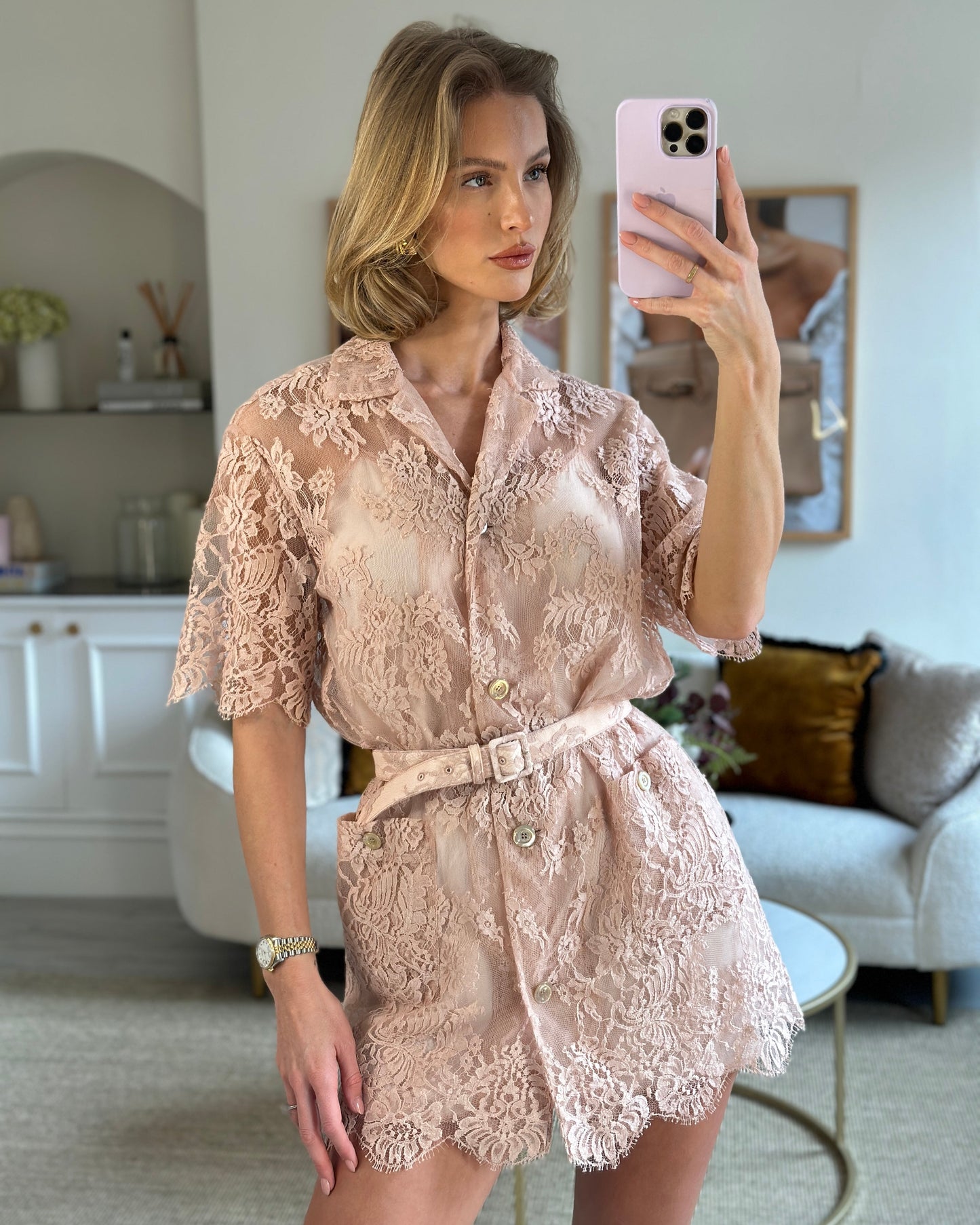 Luxury Gucci Pink Lace Mini Dress with Belt Detail Size IT 36 (UK 8)