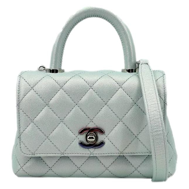 Luxury Chanel Coco Extra Mini Top Handle Iridescent Caviar Leather Crossbody Bag Light Blue