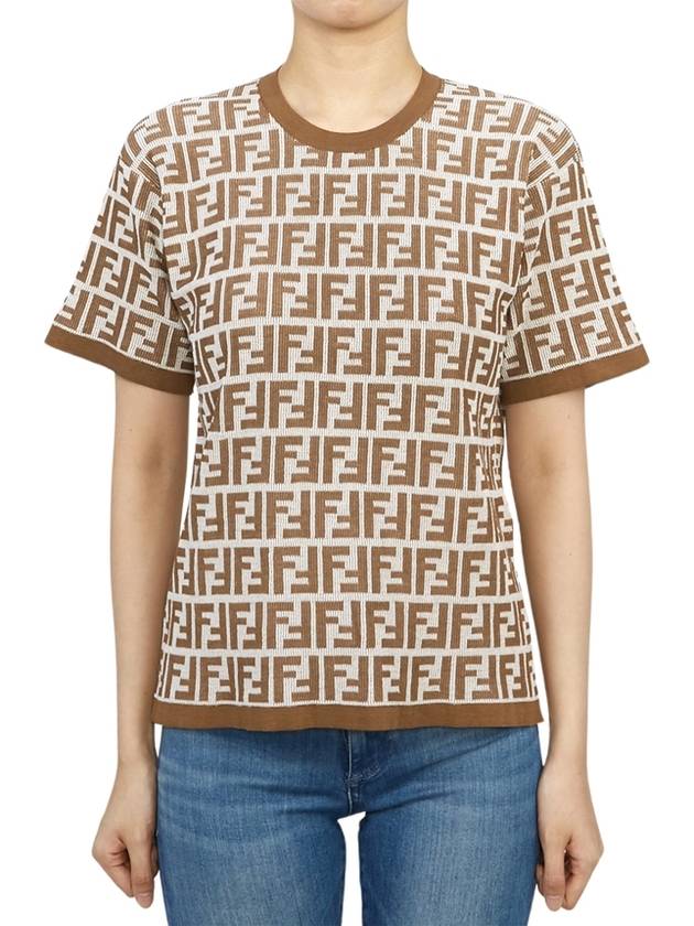 Luxury Fendi FF Jacquard Short Sleeve T-Shirt Brown