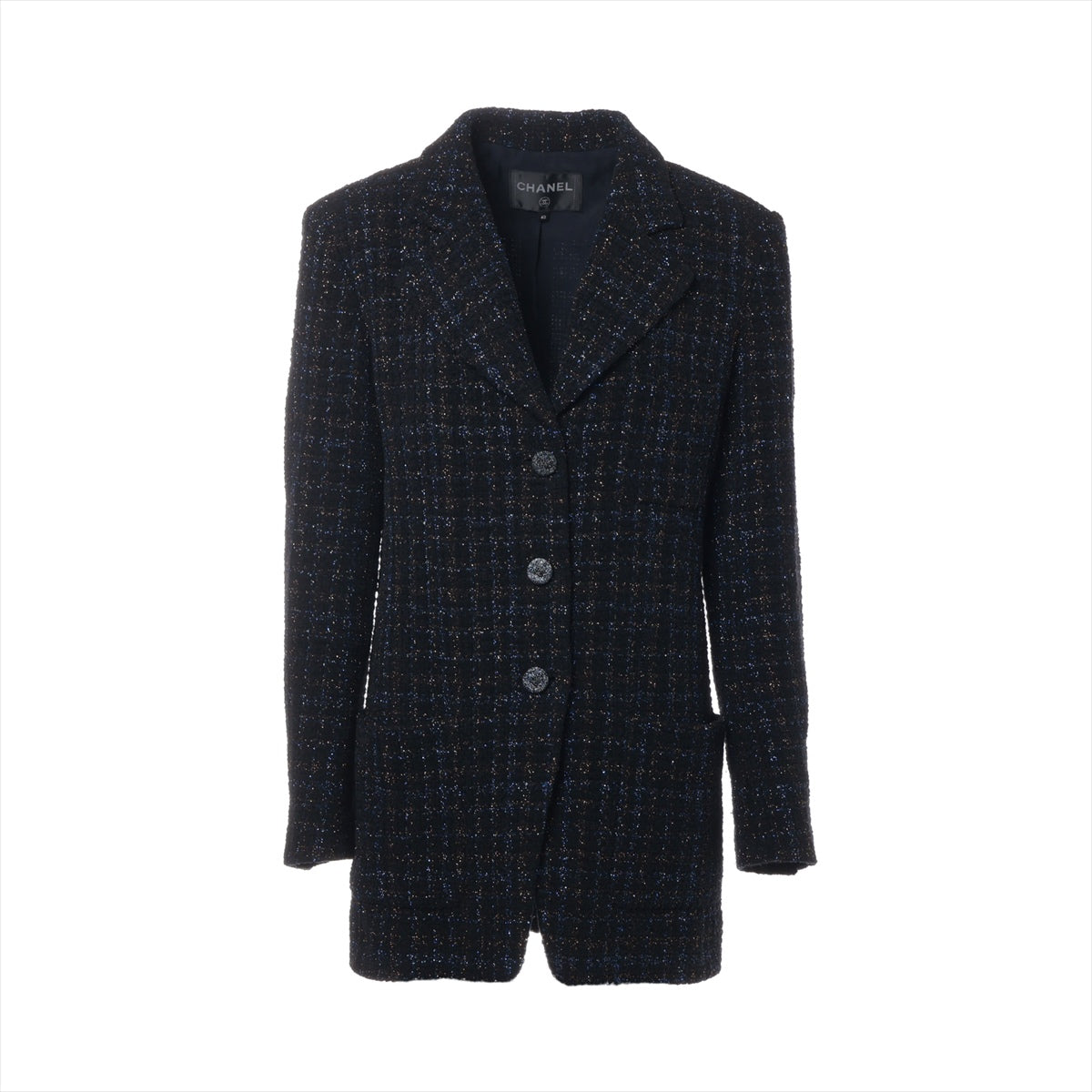 Chanel Coconut Button Cotton X Wool Jacket 40  Blue X Black P71761V62952 TWIDE