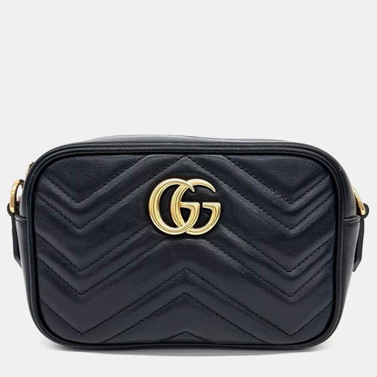 Luxury Gucci Trending 2025 Black Calfskin Matelasse Mini GG Marmont Camera Crossbody Bag