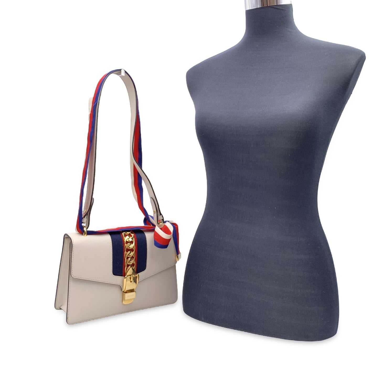 Luxury Gucci White Leather Sylvie Small Signature Web Shoulder Bag