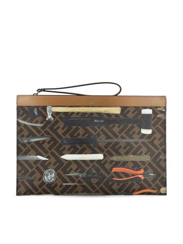 Luxury Fendi FF Logo Medium Flat Canvas Clutch Bag Brown