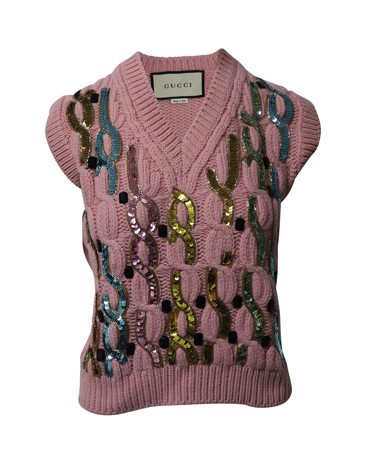 Luxury Gucci Trending 2025 Embellished Cable Knit Vest in Pink Wool