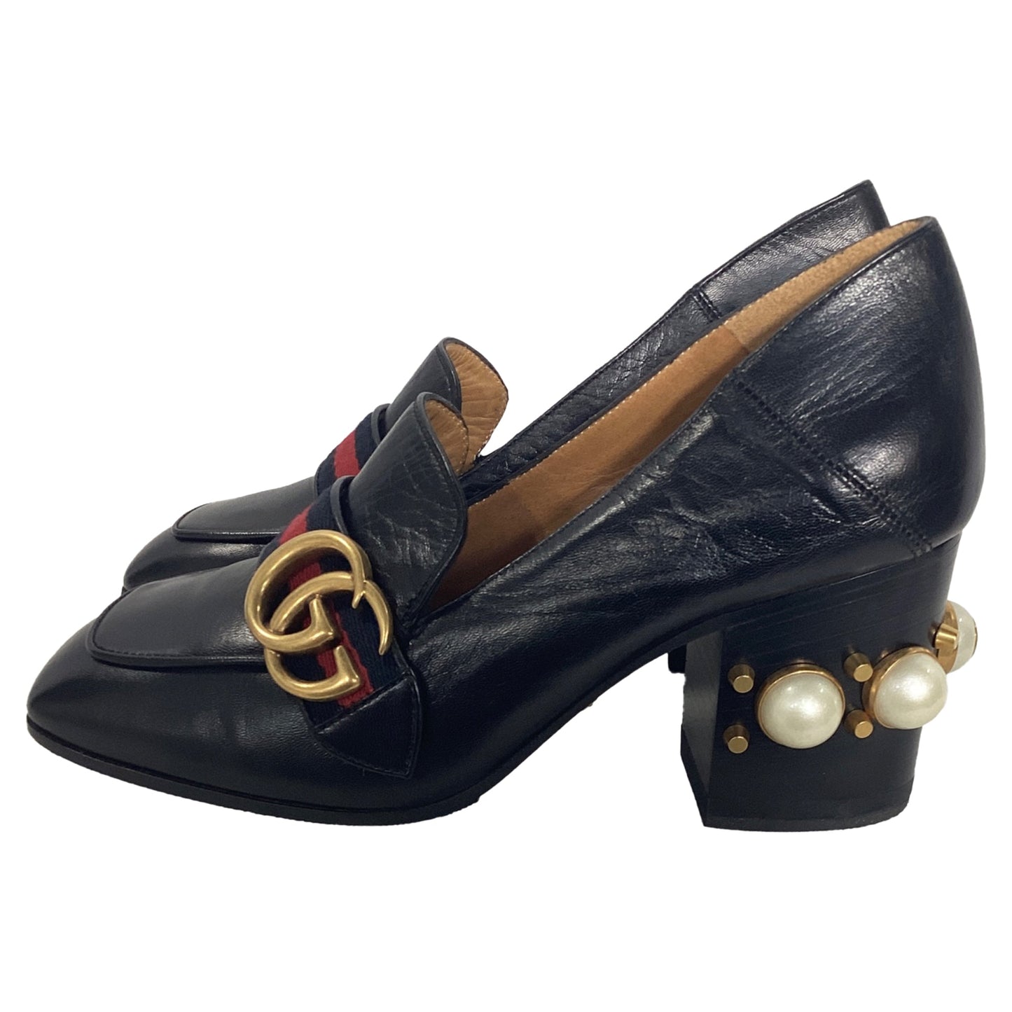 Gucci Faux Pearl Peyton GG Marmont Mid-Heel Loafers in Black Leather