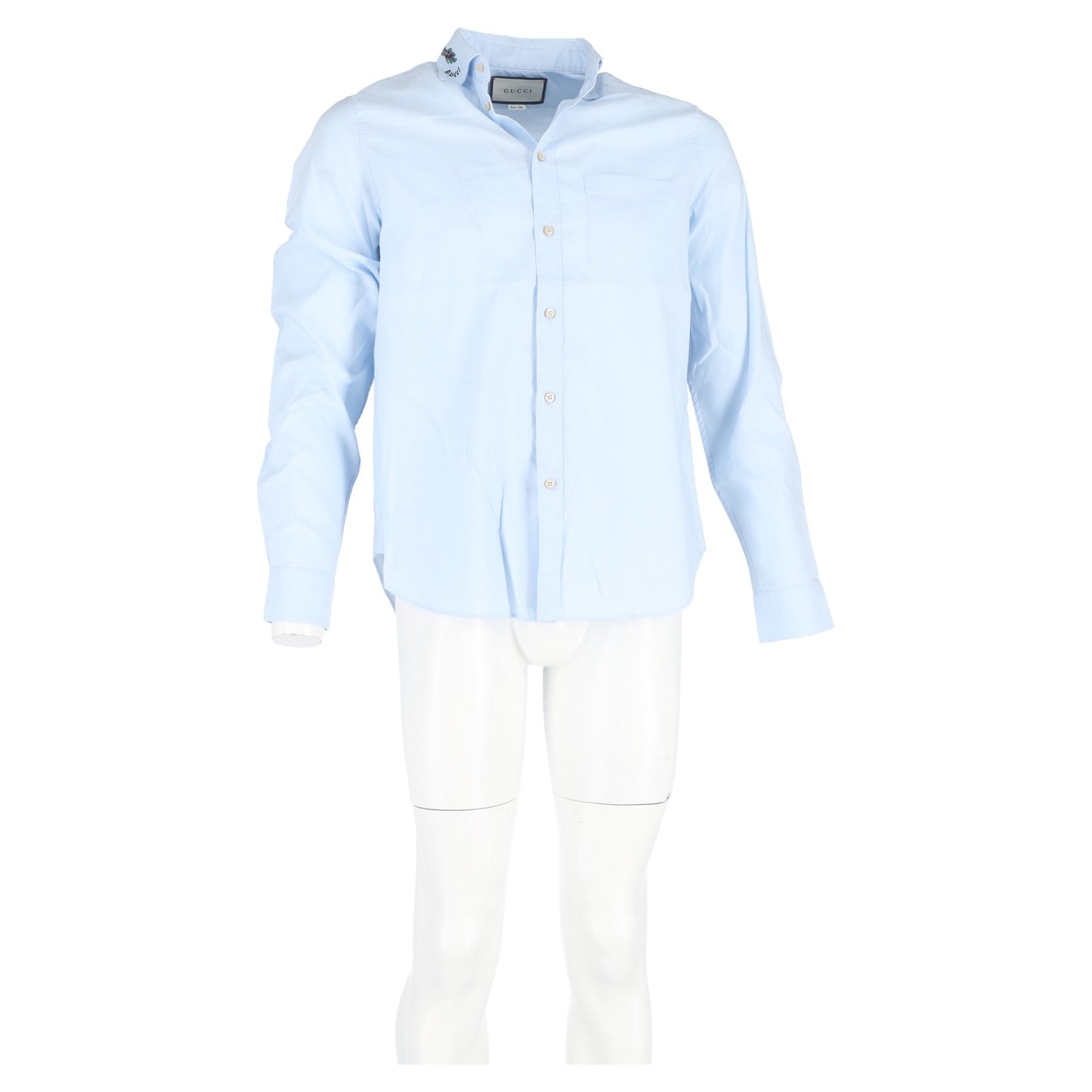 Gucci Dragon Printed Collar Long Sleeve Shirt in Light Blue Cotton