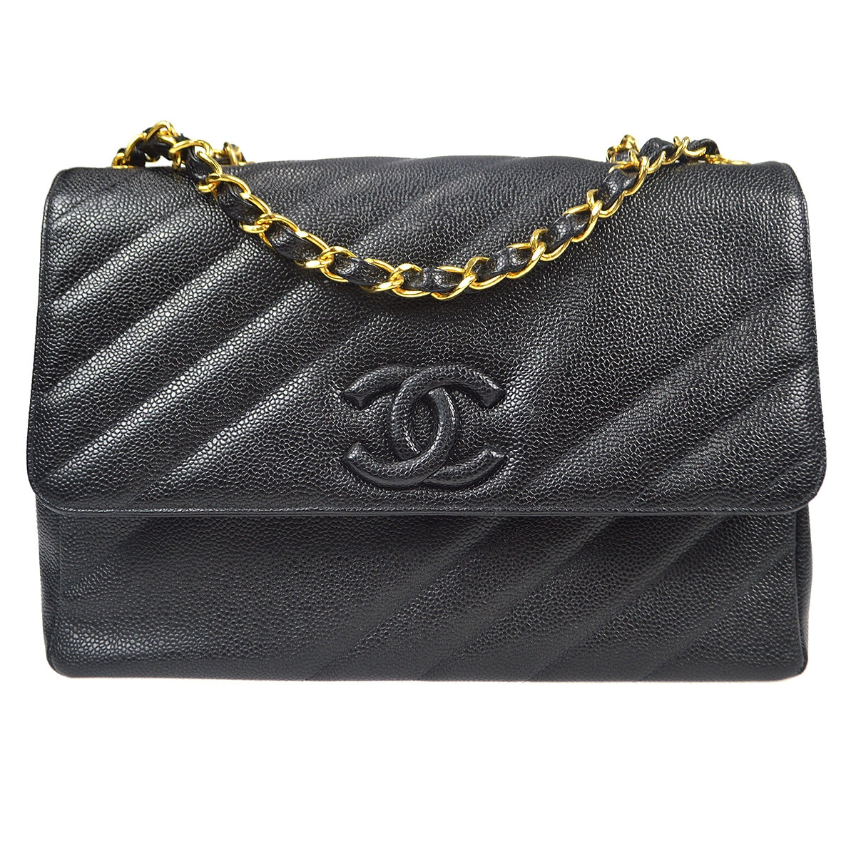 Luxury Chanel 1994-1996 Diagonal Stitch Straight Flap Jumbo Black Caviar