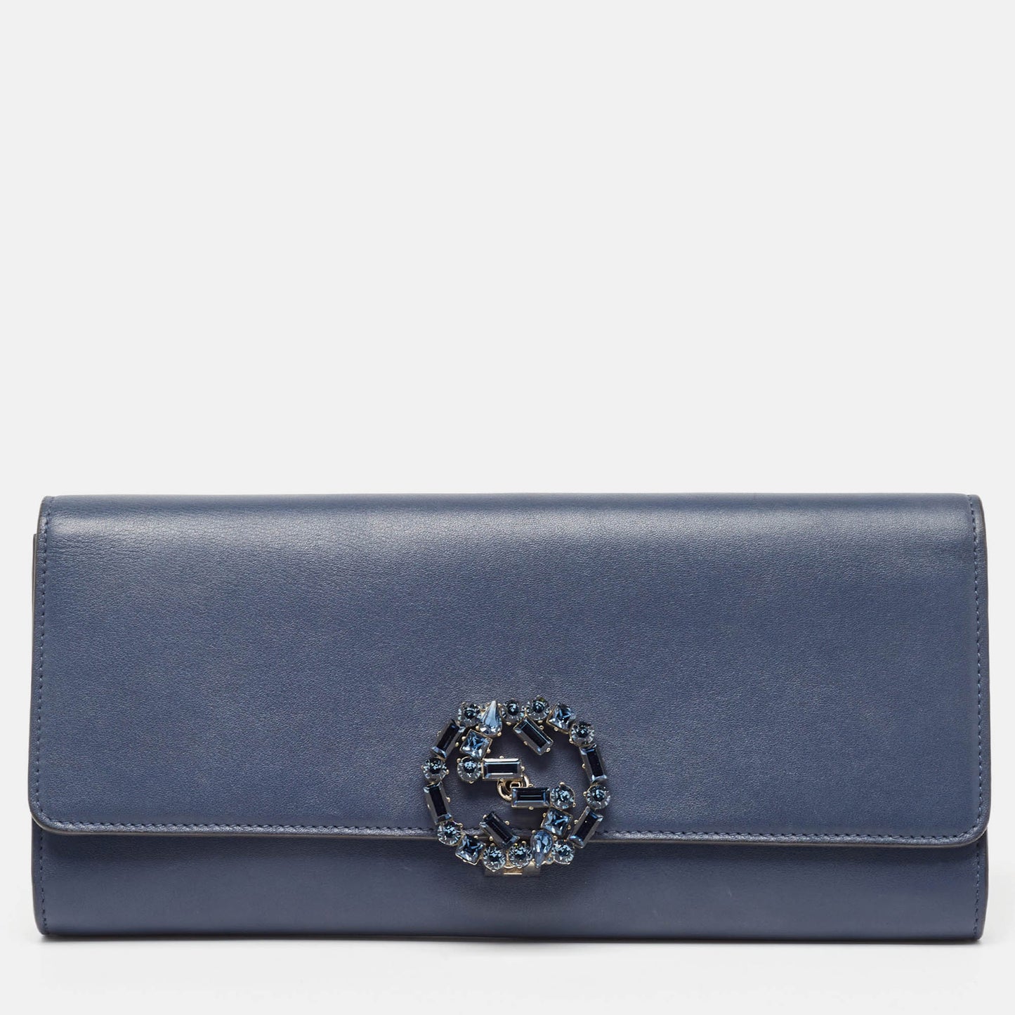 Luxury Gucci Trending 2025 Dark Blue Leather GG Crystals Broadway Clutch