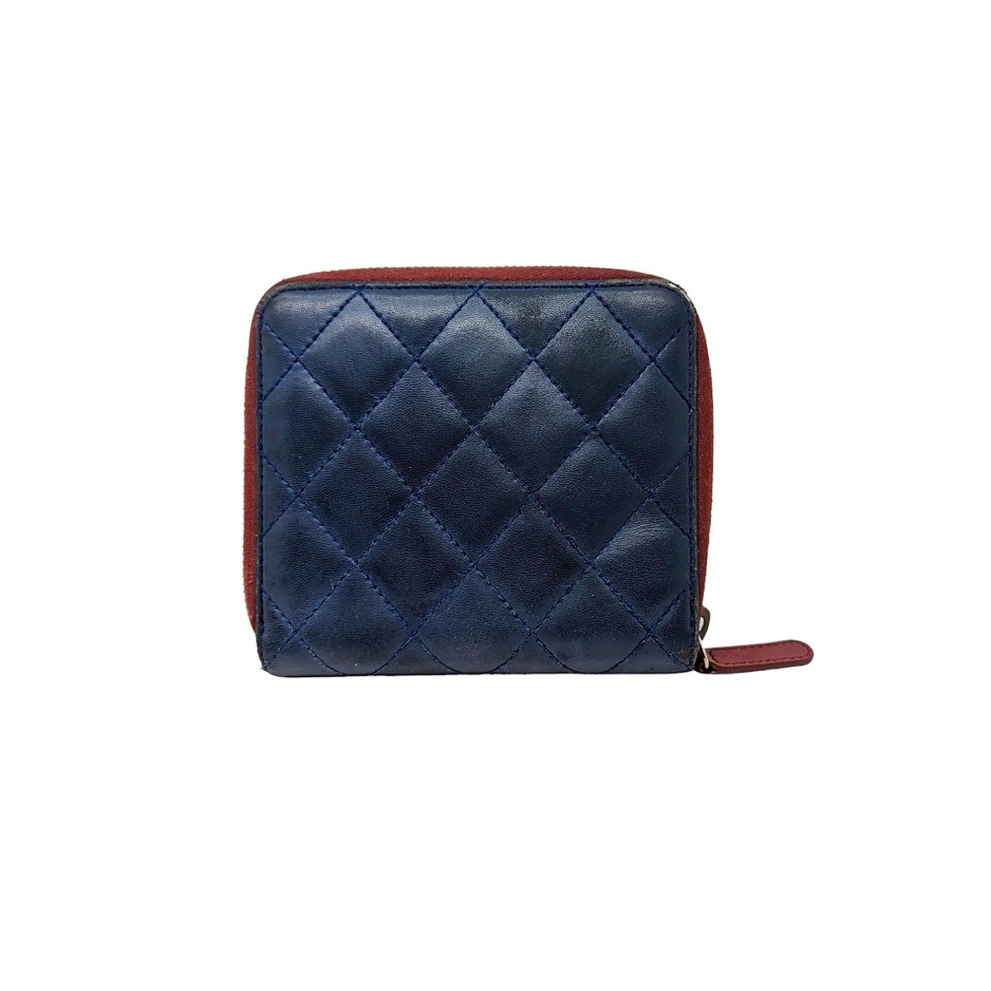 Luxury Chanel bag Blue Bicolor Quilted Maroon Trim Compact Zip Around Wallet