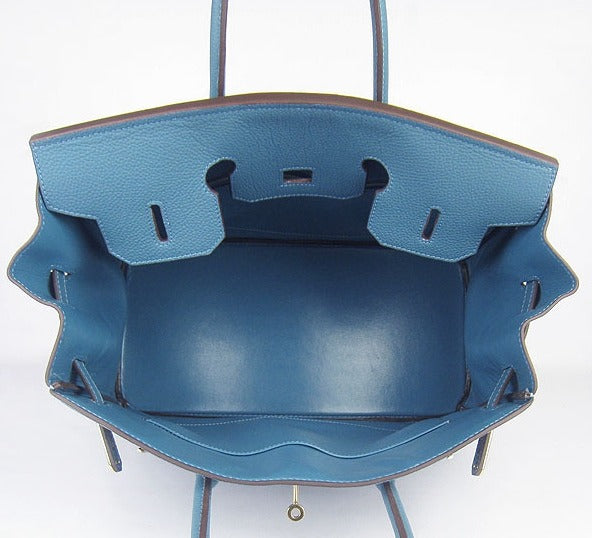 Luxury Hermes Birkin 35cm Cattle Skin Vein Handbags Blue Golden