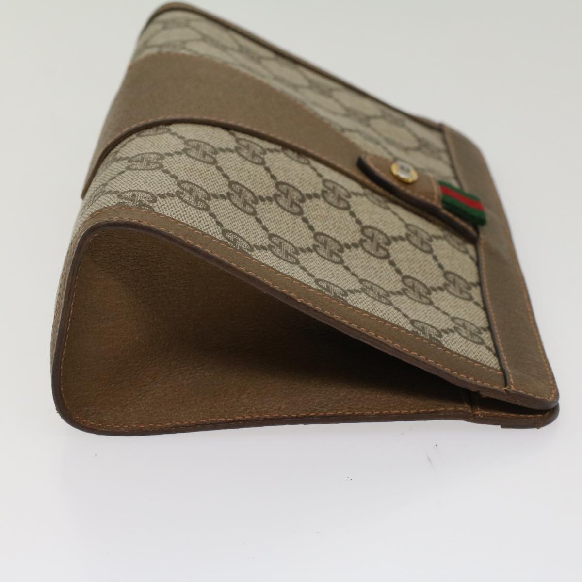 Luxury Gucci GG Canvas Web Sherry Line Clutch Bag PVC Leather Beige Green  53256