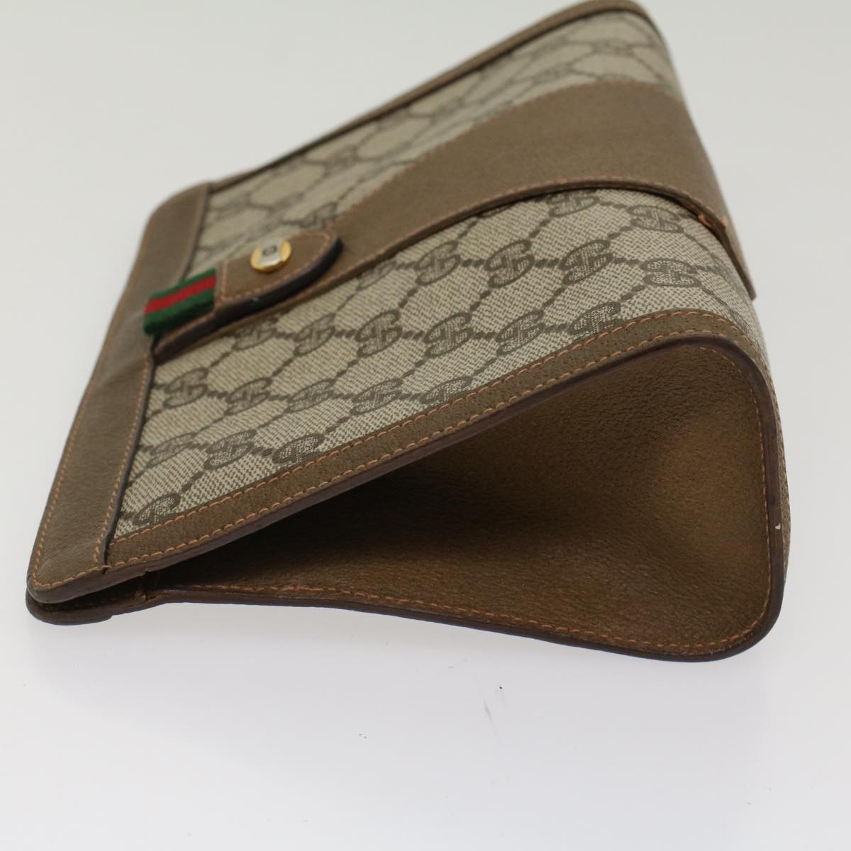 Luxury Gucci GG Canvas Web Sherry Line Clutch Bag PVC Leather Beige Green  53256
