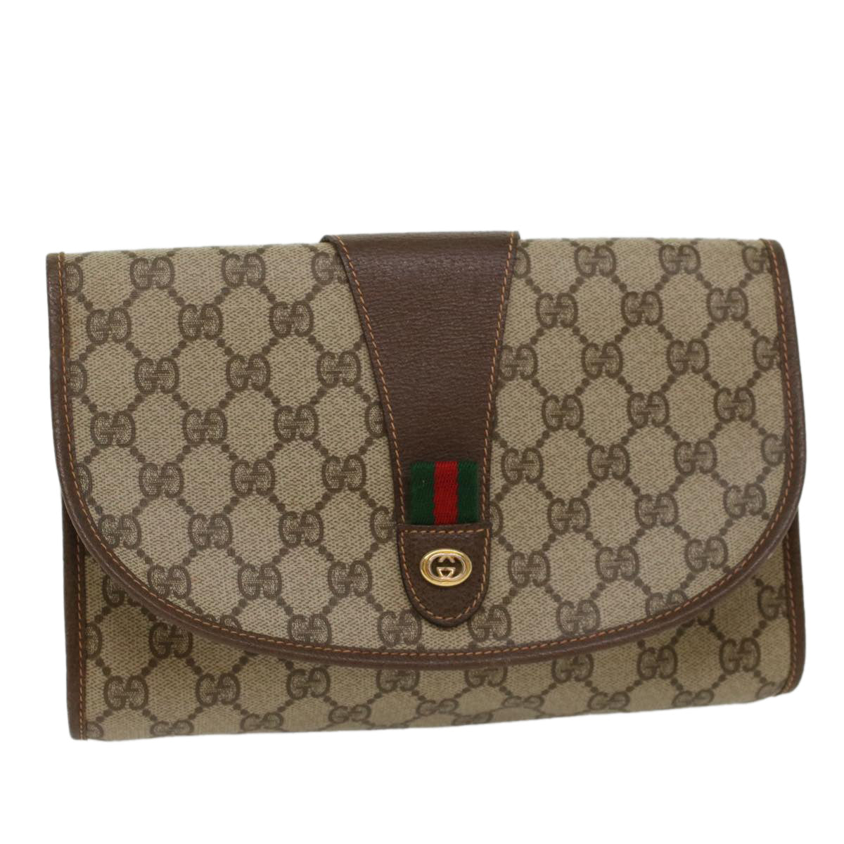 Luxury Gucci GG Canvas Web Sherry Line Clutch Bag PVC Leather Beige Green  53257