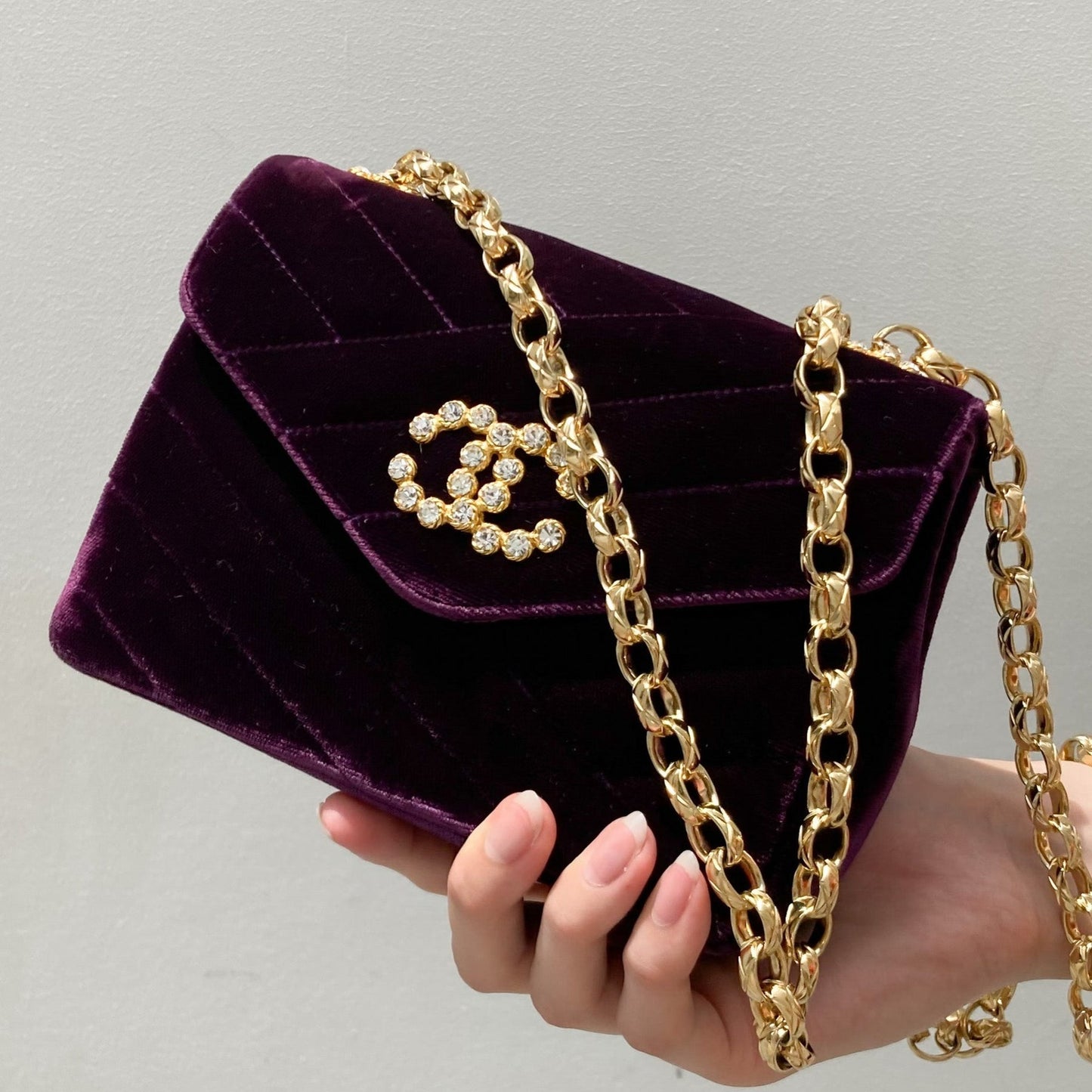 Luxury Chanel * 1991-1994 Purple Velvet Rhinestone CC Diagonal Letter Flap Bag