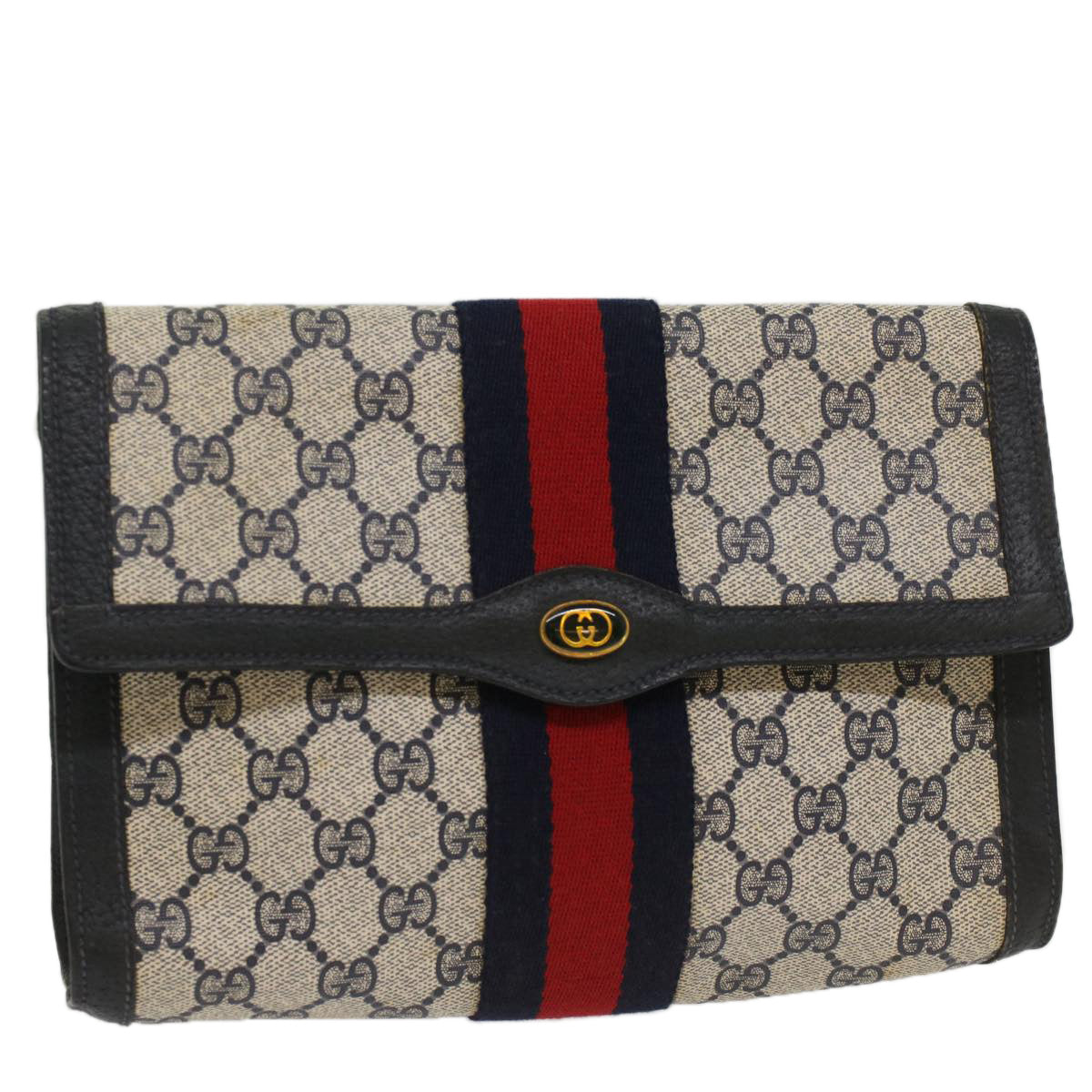 Luxury Gucci GG Canvas Sherry Line Clutch Bag PVC Leather Navy Red  53647