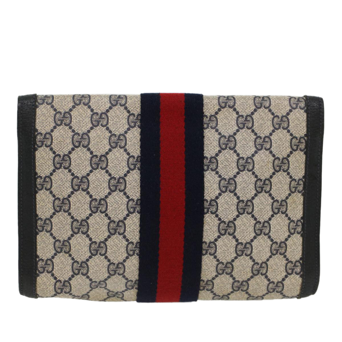 Luxury Gucci GG Canvas Sherry Line Clutch Bag PVC Leather Navy Red  53647