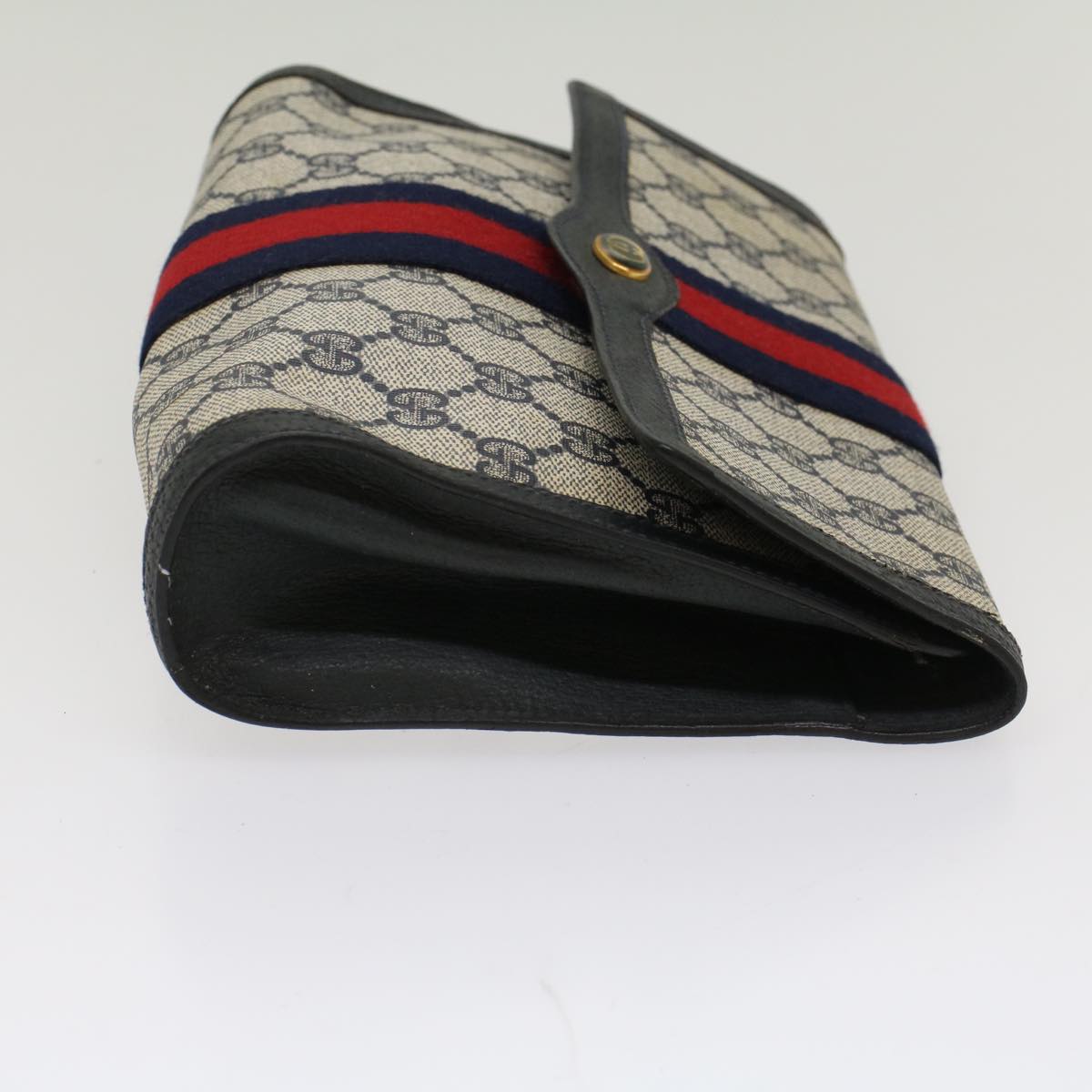 Luxury Gucci GG Canvas Sherry Line Clutch Bag PVC Leather Navy Red  53647