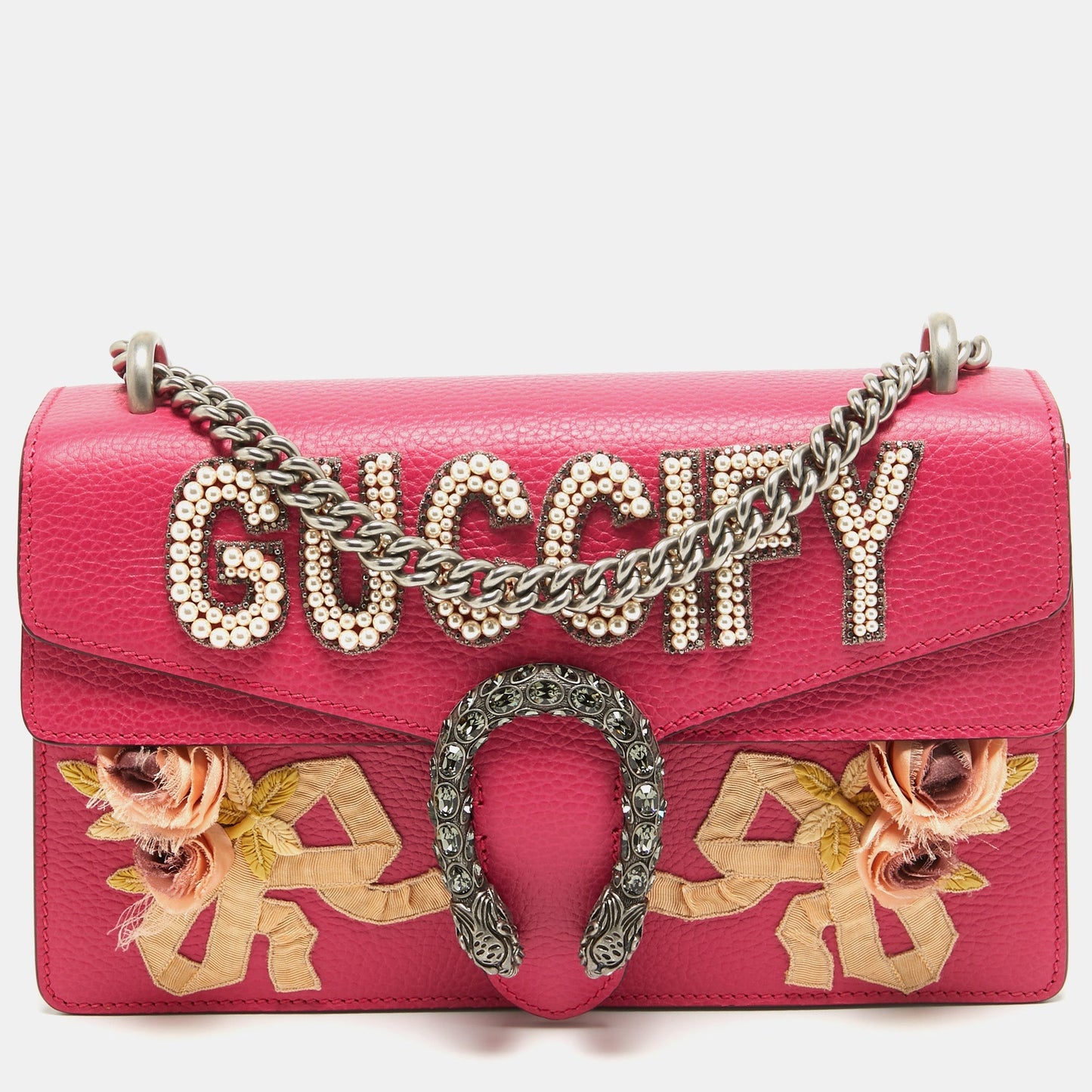 Luxury Gucci Trending 2025 Magenta Leather Small Luxury Gucci Trending 2025fy Pearl Embellished Dionysus Shoulder Bag