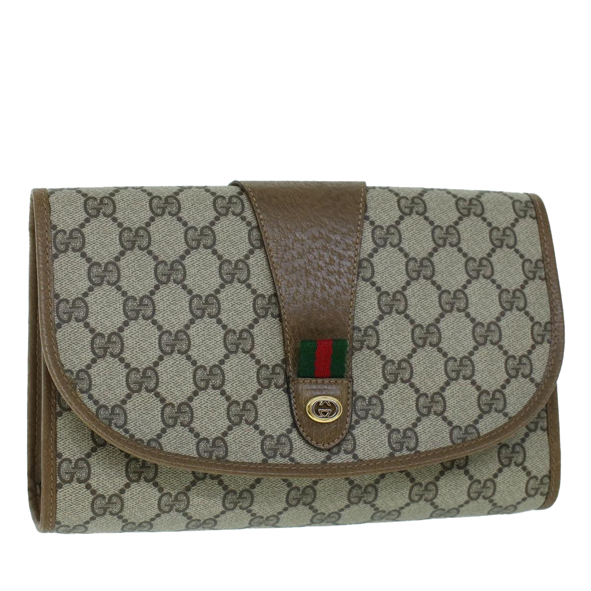 Luxury Gucci GG Canvas Web Sherry Line Clutch Bag PVC Leather Beige Green  54002