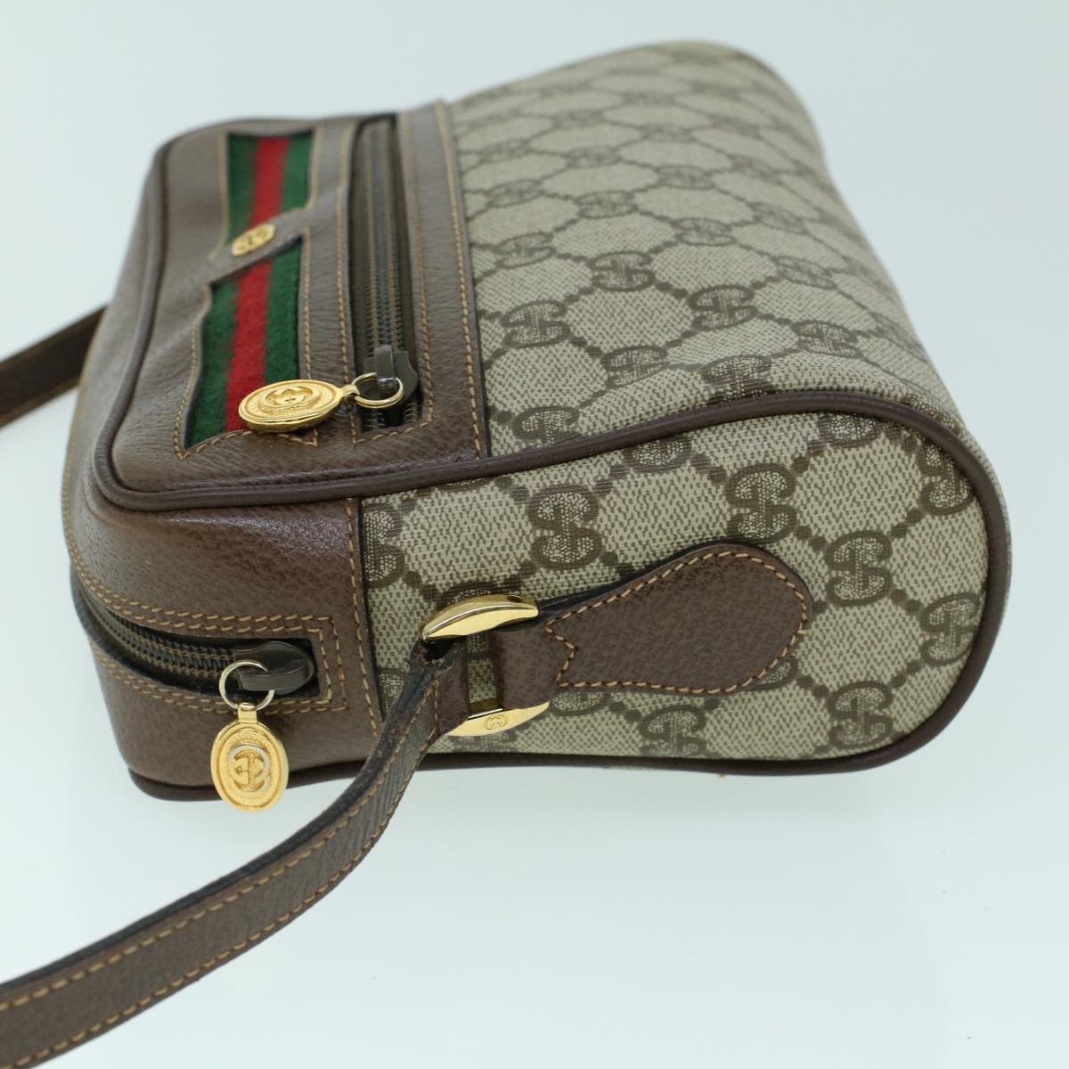 Luxury Gucci GG Canvas Web Sherry Line Shoulder Bag PVC Leather Beige Green  54004