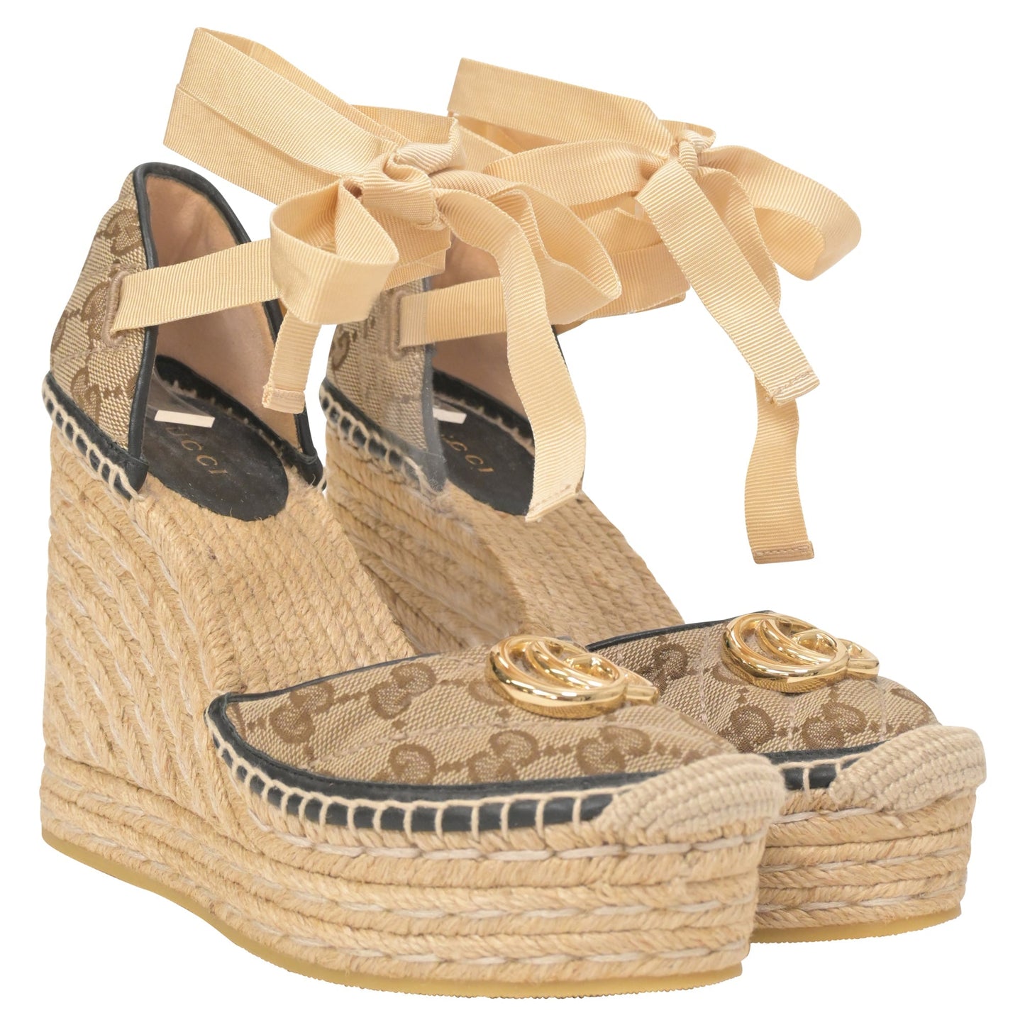 Luxury Gucci Trending 2025 GG Ankle Tie Platform Espadrille Wedges in Beige Canvas