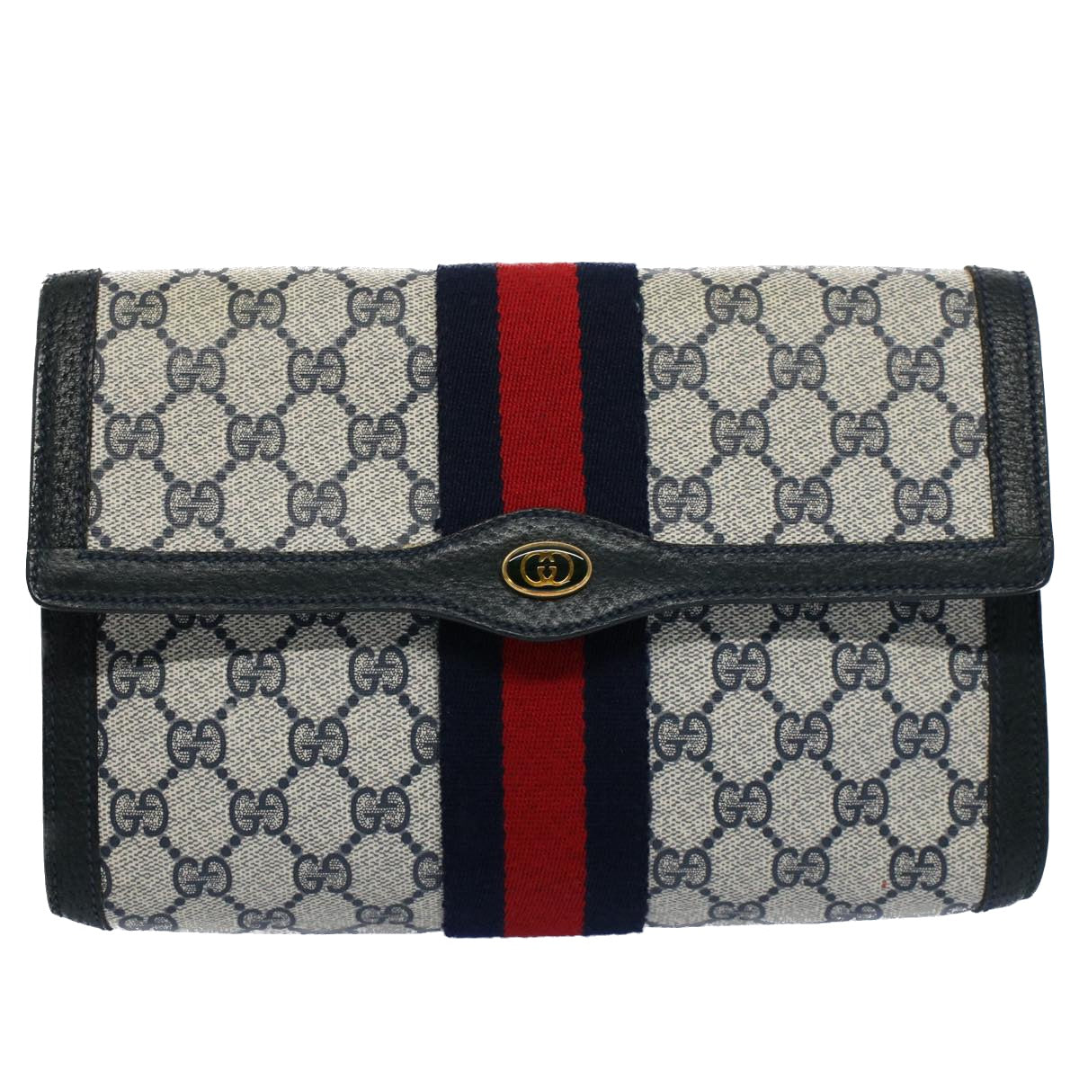 Luxury Gucci GG Supreme Web Sherry Line Clutch Bag Navy Red  54338