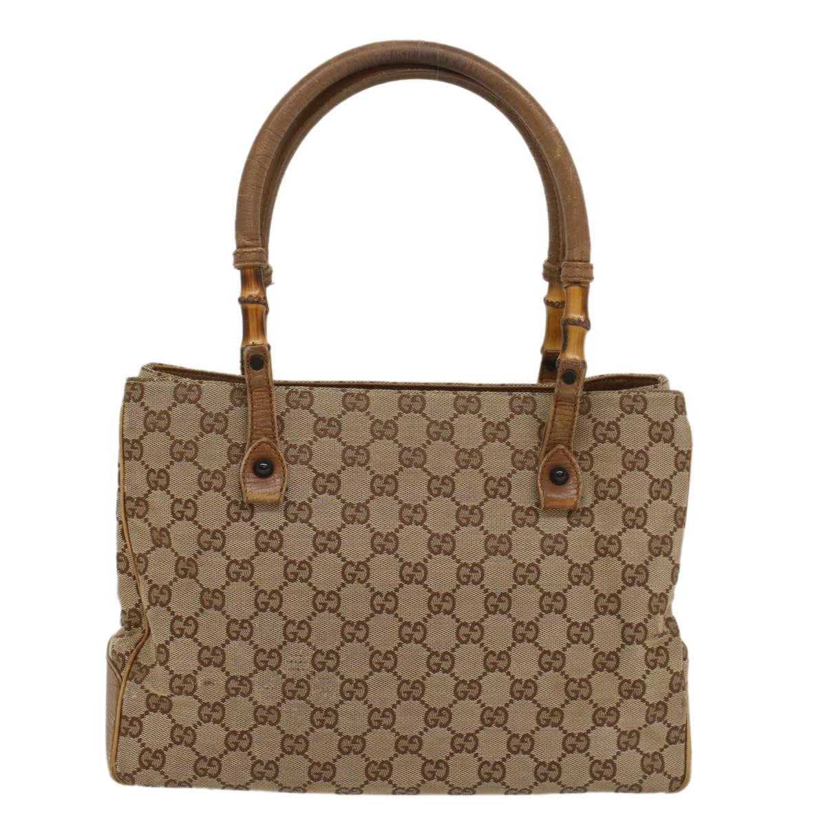 Luxury Gucci GG Canvas Bamboo Hand Bag Leather Beige Brown  54340
