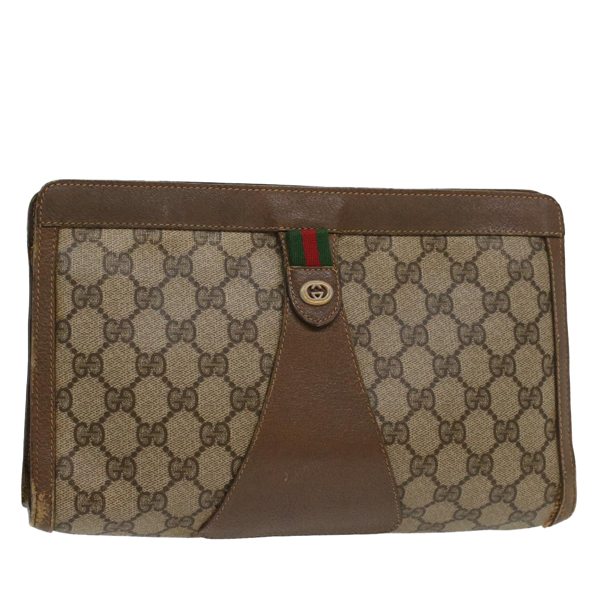 Luxury Gucci GG Canvas Web Sherry Line Clutch Bag PVC Leather Beige Red  54354