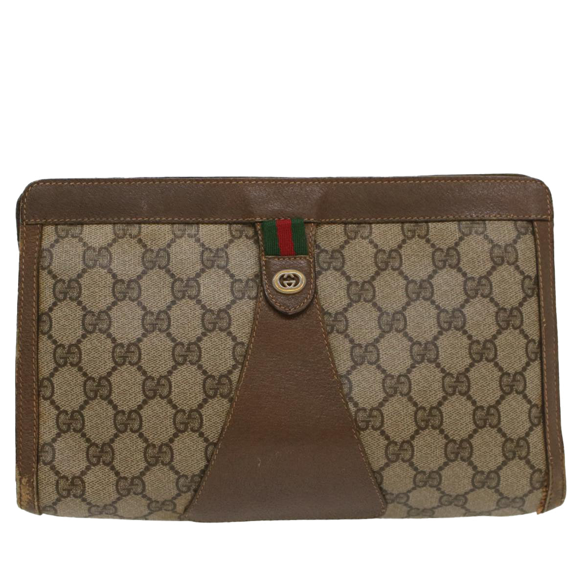 Luxury Gucci GG Canvas Web Sherry Line Clutch Bag PVC Leather Beige Red  54354