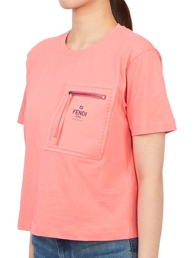 Luxury Fendi Logo Zipper Pocket Cropped Short Sleeve T-Shirt Pink