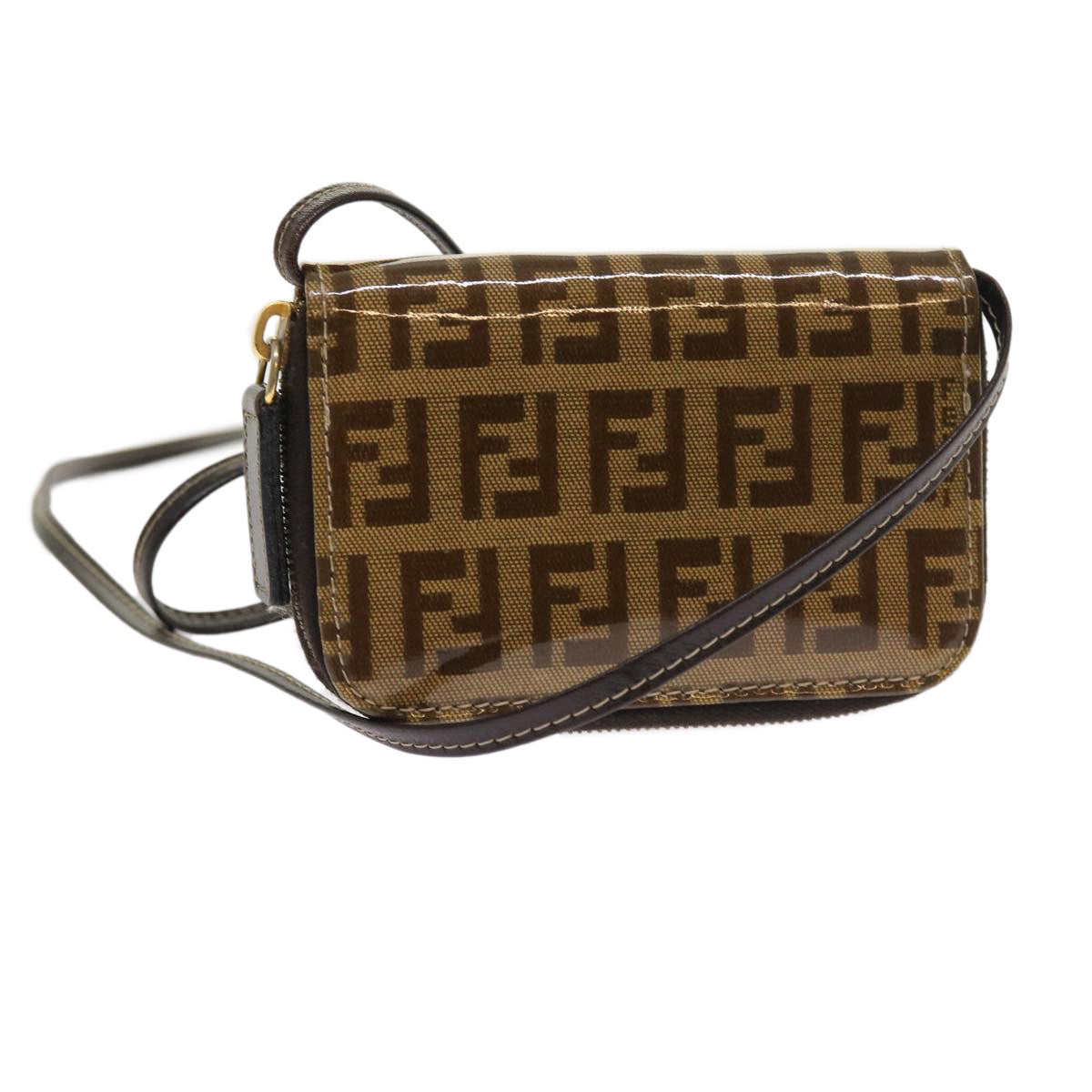 Luxury FendiZucchino Canvas Shoulder Wallet Enamel Brown54463