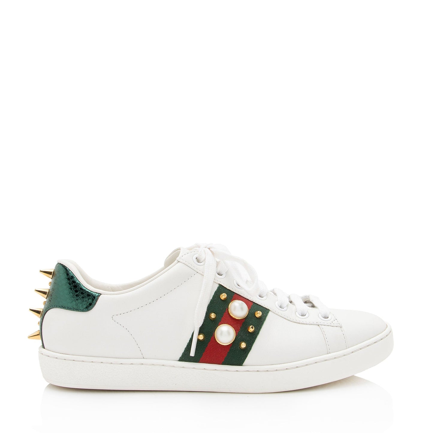 Gucci Leather Pearl Studded Web Ace Sneakers