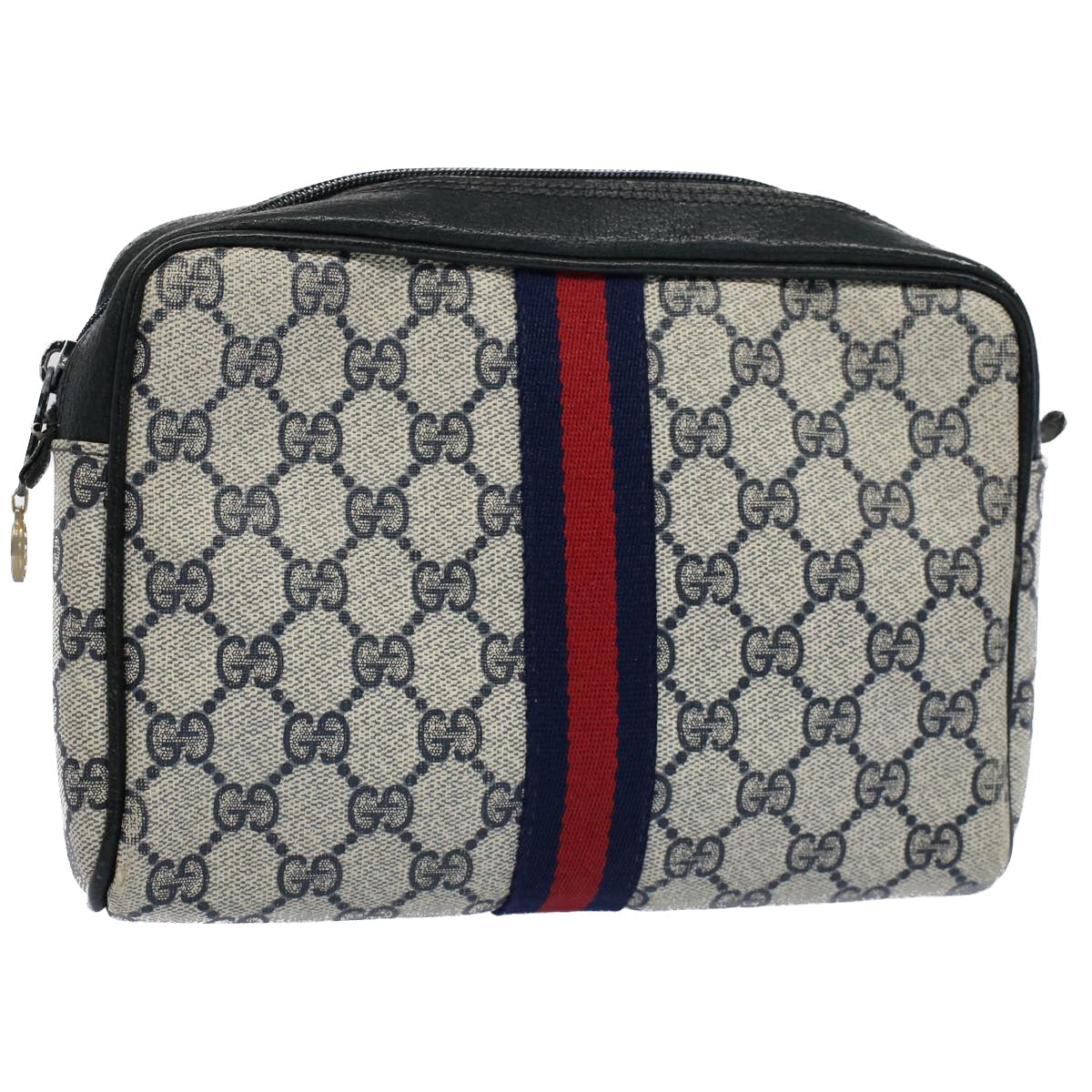 Luxury Gucci GG Canvas Sherry Line Clutch Bag Gray Red Navy 010 378  54723
