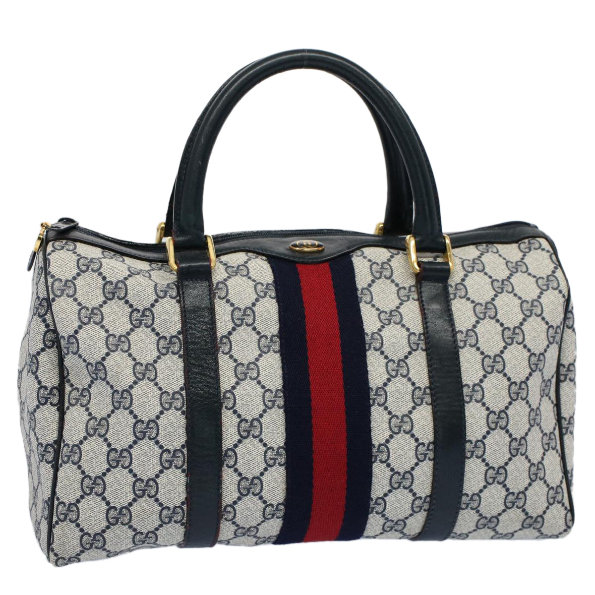 Luxury Gucci GG Canvas Sherry Line Boston Bag Gray Red Navy 010 378  54741