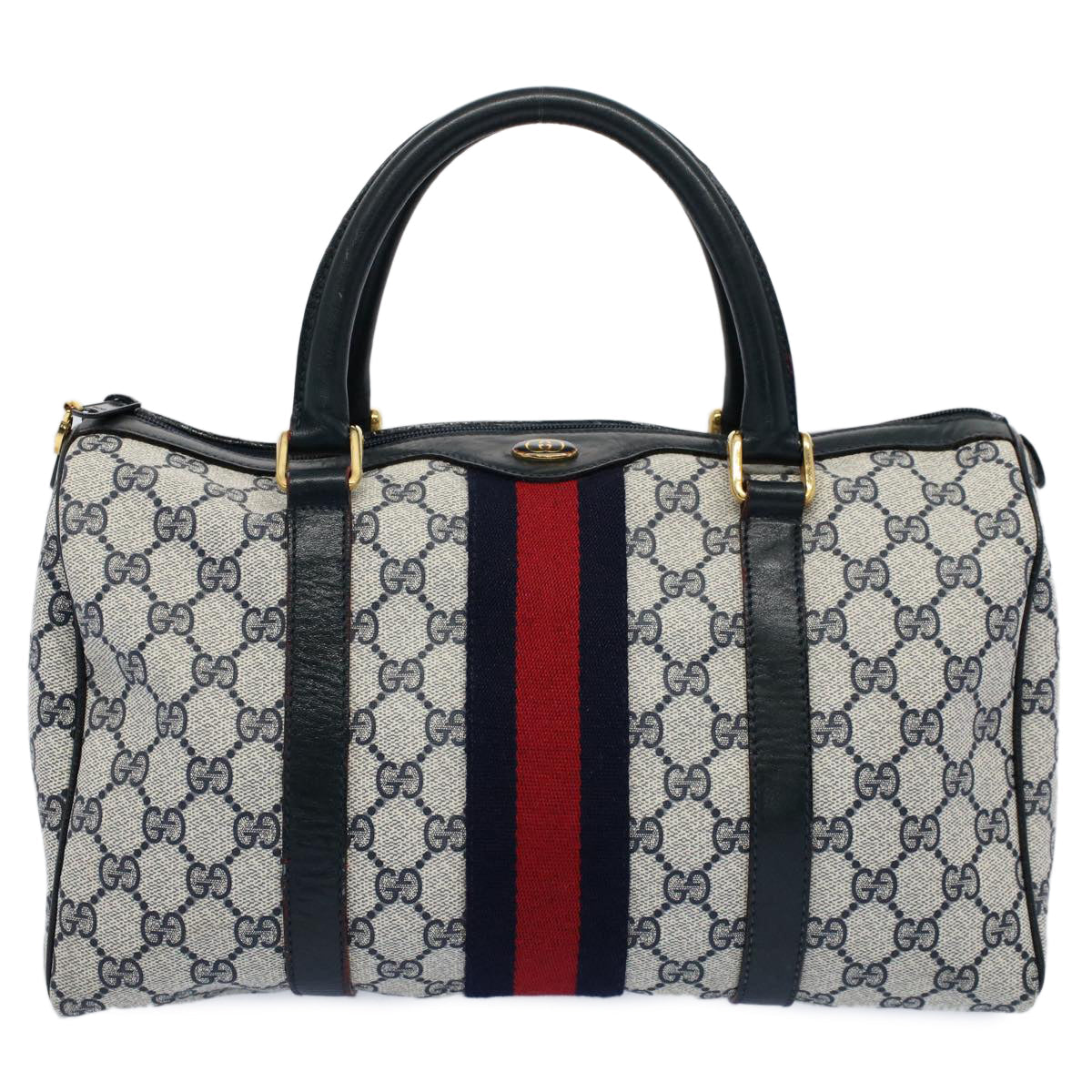 Luxury Gucci GG Canvas Sherry Line Boston Bag Gray Red Navy 010 378  54741