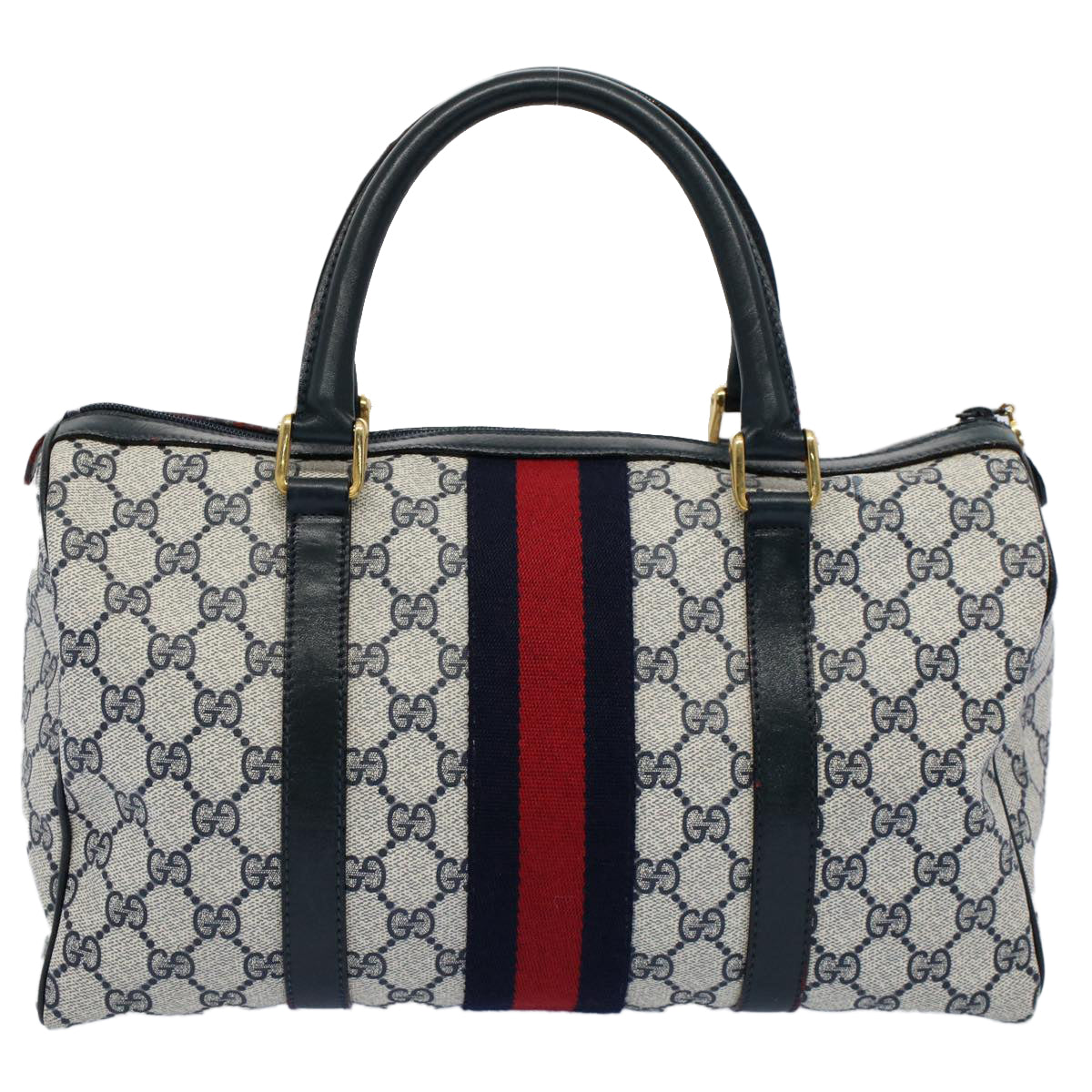 Luxury Gucci GG Canvas Sherry Line Boston Bag Gray Red Navy 010 378  54741