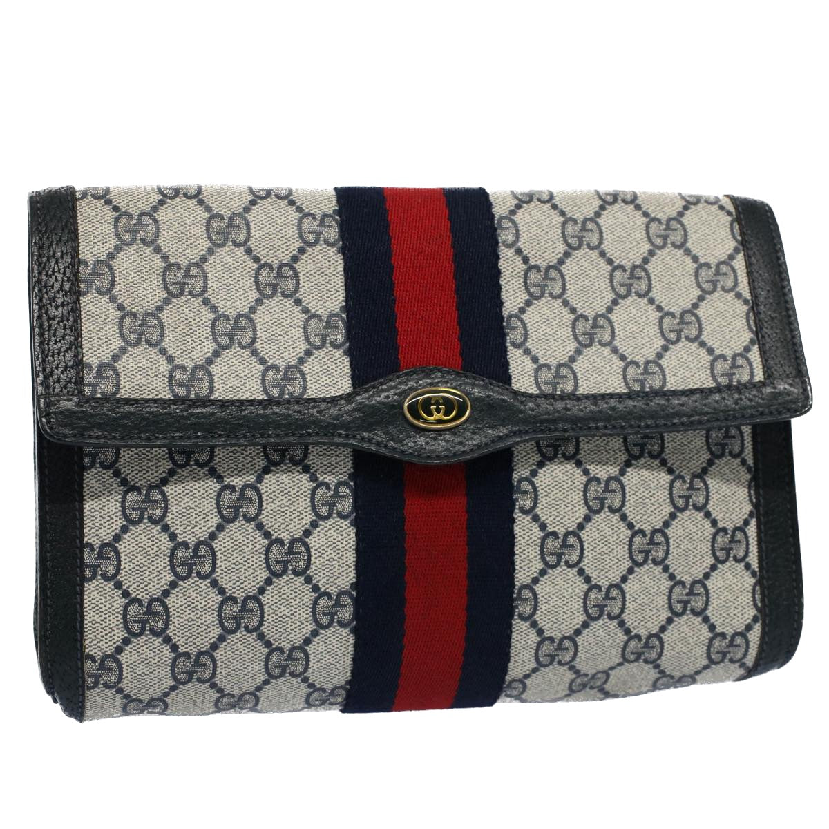 Luxury Gucci GG Canvas Sherry Line Clutch Bag Gray Red Navy 89 01 006  54747