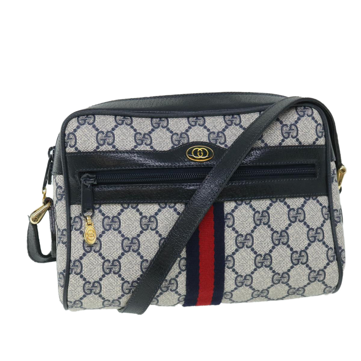 Luxury Gucci GG Canvas Sherry Line Shoulder Bag PVC Leather Gray Red Navy  54775