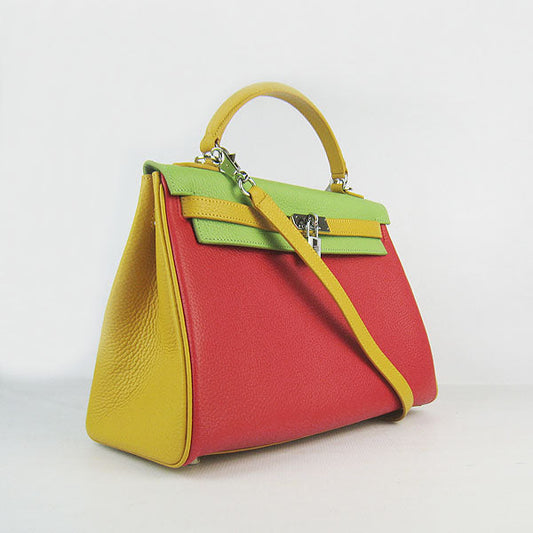 Luxury Hermes Kelly 32cm Togo red/green/yellow silver