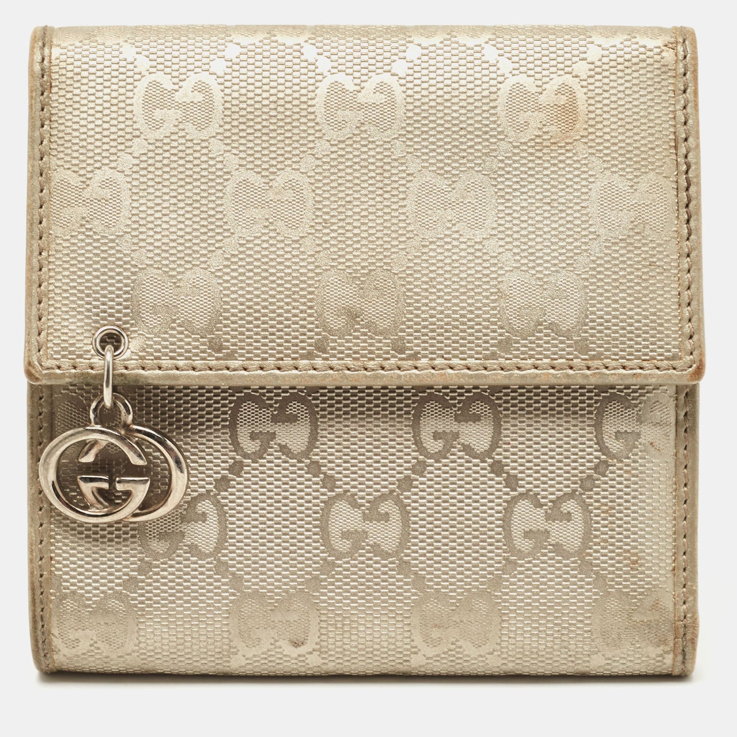 Luxury Gucci Trending 2025 Silver GG Imprime Canvas and Leather GG Charm Trifold Wallet
