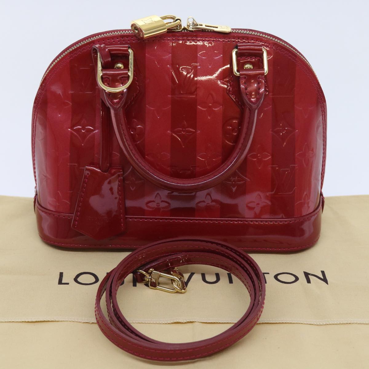 LOUIS VUITTON Vernis Rayure Alma BB Bag 2way Pomme D'amour M91593 LV 55057