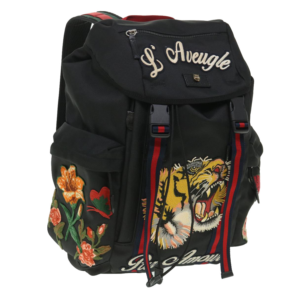 Luxury Gucci Embroideredger Web Sherry Line Backpack Nylon Black 429037  55638A